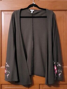 J Jill Open Front Cardigan Embroidered Bell Sleeves Womens M Forest Fairy